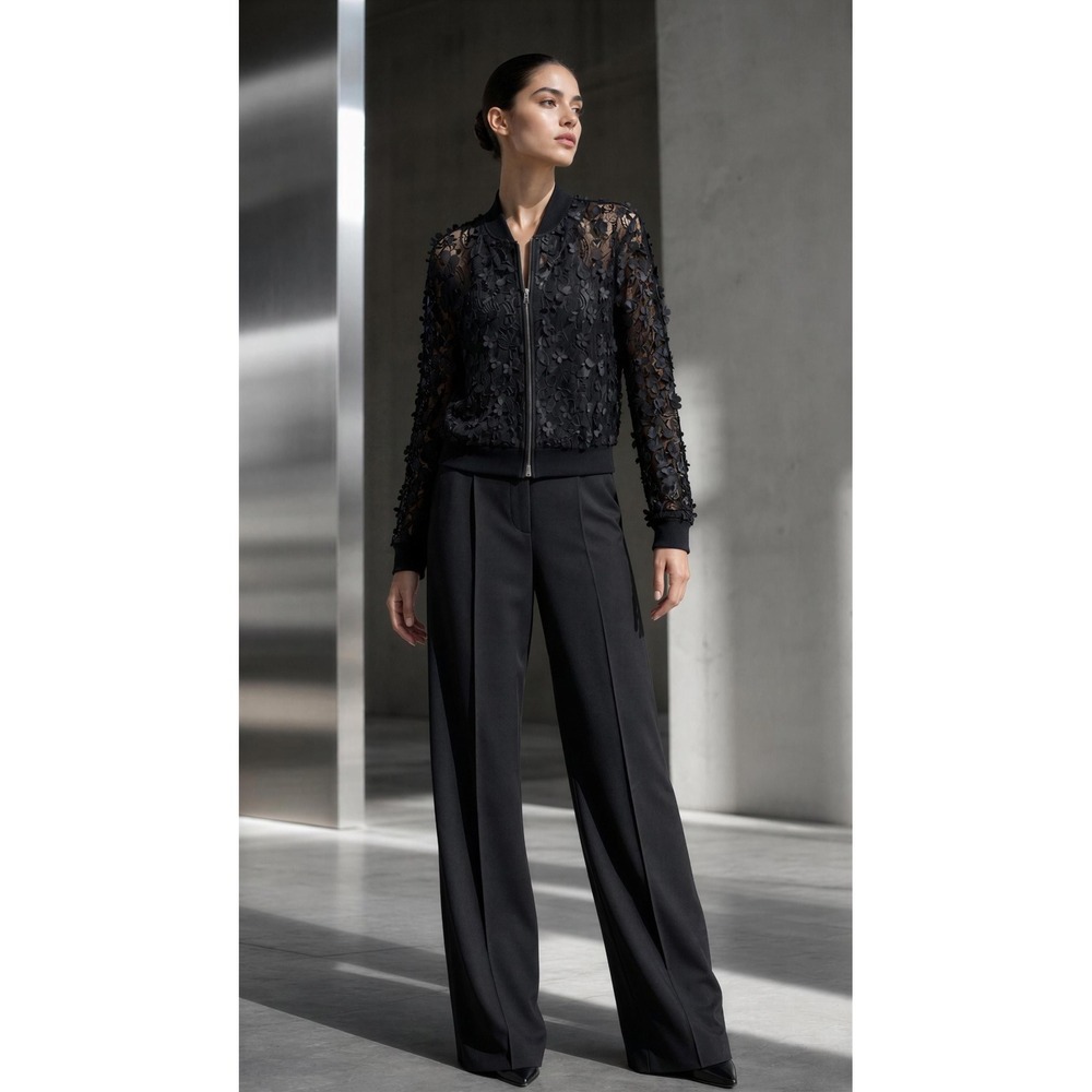 Avec Les Filles Black 3D Floral Lace Bomber Jacket Sheer Zip Up Applique